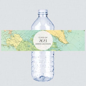 Etiqueta de botella de agua editable Tema de viaje Primer cumpleaños Primer cumpleaños Etiquetas de botella personalizadas de aventura Avión Aviación Jubilación BRT1