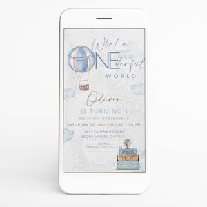 Was für eine Onederful Welt Geburtstagseinladung Evite 1st Birthday laden Abenteuer Thema Heißluftballon Geburtstag Digital Phone Template 0017 ein