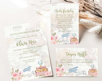 May include: A baby shower invitation with a travel theme. The invitation features a world map with a pink and green floral design. The text on the invitation reads "A Little Explorer on Her Way" and "Olivia Rose".