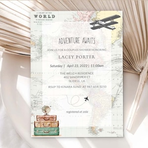 Adventure awaits baby shower invitation travel themed baby shower map invites couples baby shower, printable baby shower invitation 0011
