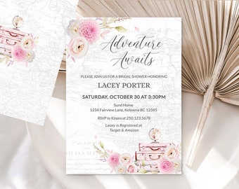 Adventure awaits Bridal shower Invitation Travel theme Bridal Shower Pink floral Destination wedding Traveling Miss to Mrs Printable 0086