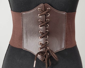 Women's Coffee Brown Corset Belt, Vintage Lace-Up Waspie Waist Belt