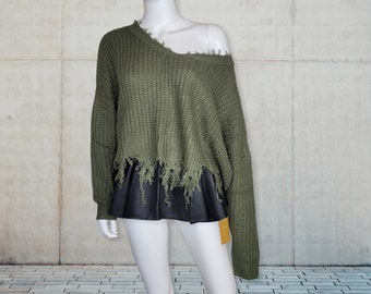 Women's V-Neck Distressed Sweaters- (Khaki, Black or White)