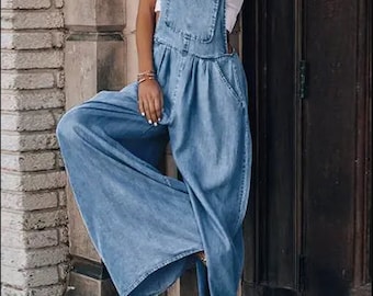 Stylischer Light Denim Overall mit weitem Bein (M-2XL)