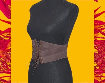 LCF Brown Womens Wide Corset Wide Waist Corset Cinch Belt Leather Gold Metal Zip