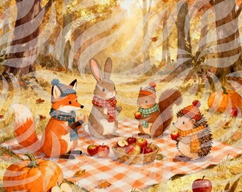 Op de afbeelding: Een grillige illustratie van bosdieren die picknicken. Een vos, een konijn, een eekhoorn en een egel zijn verzameld op een geruite deken, omringd door pompoenen, appels en herfstbladeren. De dieren dragen sjaals en mutsen.