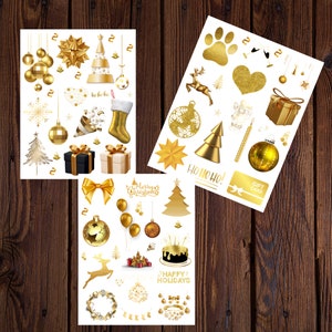 Gold Christmas Stickers Sheet, Elegant Gold Sticker Bundle of 3 Christmas Sheets