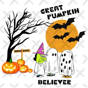 May include: A Halloween-themed illustration featuring a witch, two ghosts, and pumpkins. The witch is wearing a purple hat with a star and a green dress. The ghosts are white and have black eyes. The pumpkins are orange and have jack-o'-lantern faces. The text "Great Pumpkin Believer" is written at the bottom of the image.
