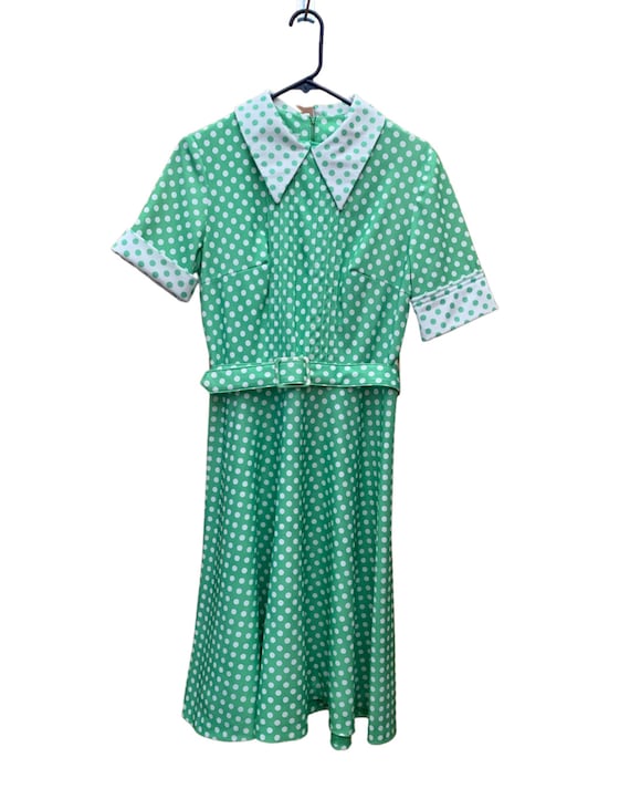 Green and White Polka Dot Dress Vintage 60's or 7… - image 1