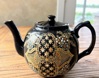 Vintage Brown Betty Teapot Dark Brown Glaze on Redware Pottery Made in England