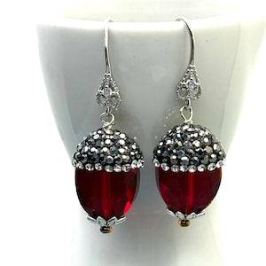 E-124 Dazzing Ruby Crystal Earrings:  Silver Vintage Marcasite Setting Cap, Cubic Zirconia French Hooks