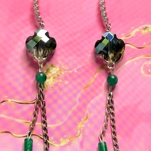 E-241 Green Crystal Clover Earrings: Green Aventurine Beads, Eye-Catching, Silver Cubic Zirconia French Wire