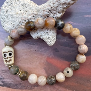 S-6 Engraved Bone Skull Bracelet: Jasper Agate beads, Hippie amulet, stretch bracelet