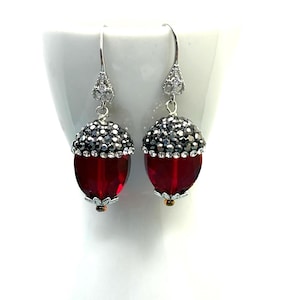 E-124 Dazzing Ruby Crystal Earrings:  Silver Vintage Marcasite Setting Caps, Cubic Zirconia French Hooks