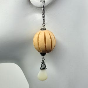 E-224 Beige Coral Teardrop Dangle Earrings: spherical wood beads, cubic zircon, fashionable earrings