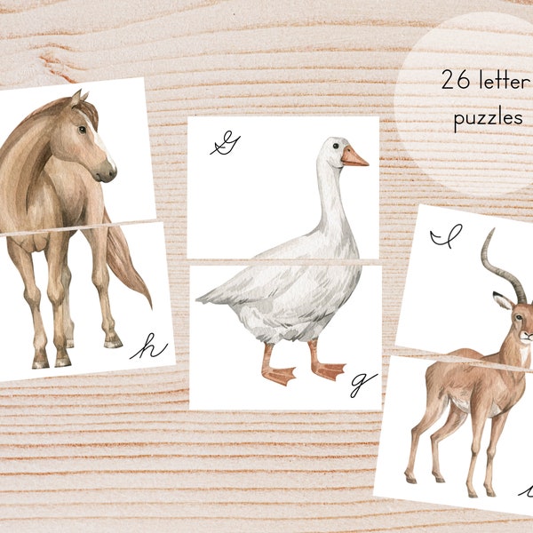 Alphabet Match Game | Cursive Puzzle Game | Watercolor Animal Alphabet Puzzles | Printable Flashcard Game