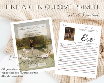 Cursive Workbook,  Fine Art in Cursive Primer, Digital Download, Cursive book, Charlotte Mason Cursive book, Cursive through Art Study
