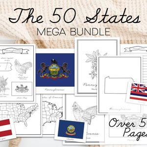 50 States Mega Bundle, USA State Unit Study, Homeschool Geography, State Birds Flowers and Flags, America Study Resources, Notebooking pages