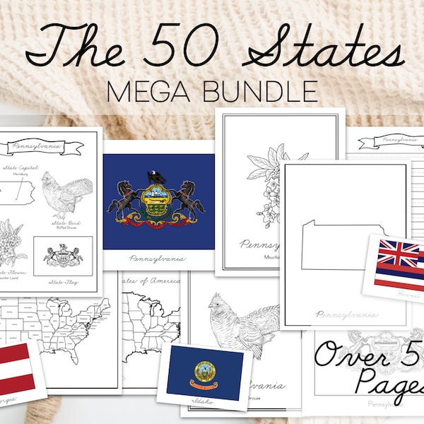 50 States Mega Bundle, USA State Unit Study, Homeschool Geography, State Birds Flowers and Flags, America Study Resources, Notebooking pages