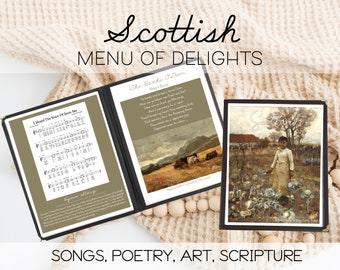 Menú matutino escocés, Memoria de las Escrituras, Poesía, Obras de arte escocesas, Estudio de himnos, Estudio de Escocia, Estudio de unidad de Escocia, Páginas de menú