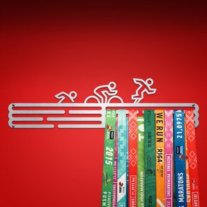 Triathlon Athlete Figures Swimming Cycling Running – United Medals Sports Medal Hanger Display – Brushed Stainless Steel