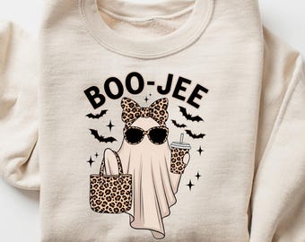 Sudadera Boo-Jee Ghost, camiseta de leopardo fantasma, camiseta de café fantasma espeluznante, camiseta divertida de otoño, camiseta de fantasma, regalo de Halloween femenino, camiseta linda de Boo-Jee