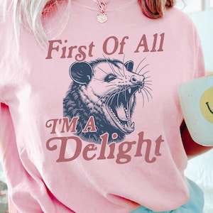 Retro First Of All I&#39;m A Delight Sarcastic Angry Opossum Lover Shirt, Comfort Funny Animal Lover TShirt, Unique Gift for Opossum Lovers