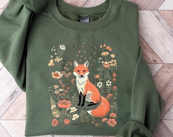 Cute Fox Sweatshirt, Flower Shirt, Floral Fox Shirt, Flower Shirt, Animal Lover Ladies Sweatshirt, Gift for Nature Lover, Fox Sweatshirt