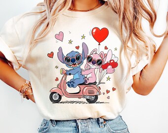 Disney Stitch and Angel Valentine's Shirt, Disney Couple Valentine Shirt, Valentine Day Shirt, Disney Trip 2026,Bicycle Lover Stitch T-Shirt