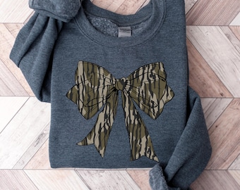 Camo Bow Sweatshirt, Camo Coquette Bow Shirt, Duck Hunting T-shirt, Hunting Lover Gift, Women's Camouflage Bow Sweatshirt, Camouflage Bow