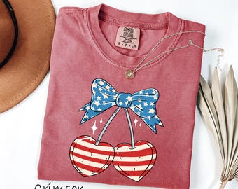 Comfort Colors® 4th of July Bow Coquette Shirt, Cherry Shirt, American Flag Tee, USA Shirt, Independence Day, Womens Shirt, Botanical Shirt