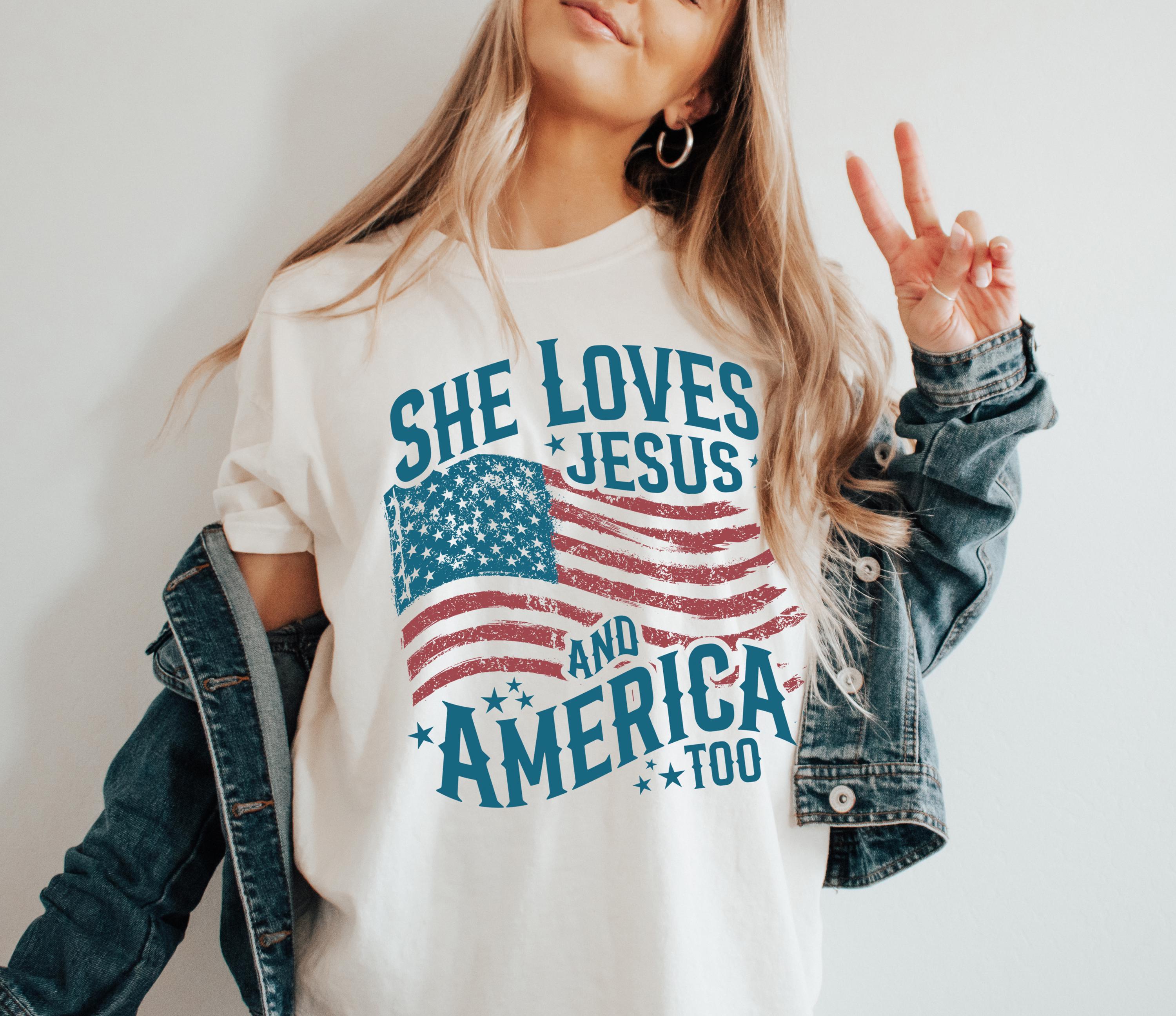 She Loves Jesus And America Too Shirt, Independence Day Shirt, Christian Shirt, 4th of July Shirt, America Retro Shirt, Usa Shirt, USA Flag