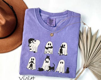 Comfort Colors® Ghost Cat Shirt, Cat Ghost T-Shirt, Cute Cat Lovers Shirt, Retro Ghost Halloween, Halloween Cat T-shirt, Spooky Season Gift