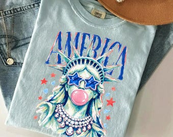 Comfort Colors®  America Statue of Liberty Blowing Bubble Gum Shirt, 4th of July Shirts, 250th Anniversary Shirt, Independence Day Tee