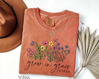 Comfort Colors® Christian Tee, Grow In Grace Shirt, Grow in Grace with Wildflower, Retro Christian Shirt, Religious Shirt, Bible Verse Shirt