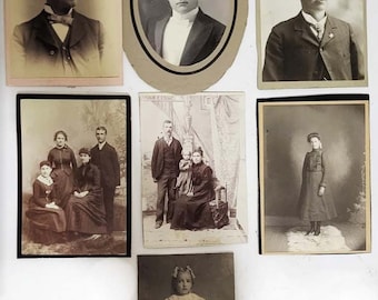 Lote de 7 fotos antiguas vintage, tarjetas de gabinete, hombres guapos, niños pequeños, familia, sepia