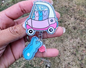 Rollin with my peeps badge reel, Easter bunny badge reel, Easter badge reel, marshmallow peeps badge reel, little tiles car badge reel
