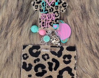 Leopard print Scrub top with face mask badge reel/nurse badge reel/ face mask/scrub life badge reel/ cna badge reel /nurse badge reel