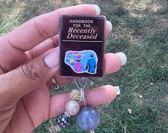 Handbook for the recently deceased badge reel, Beetlejuice badge reel, halloween badge reel, tim Burton , lydia deetz