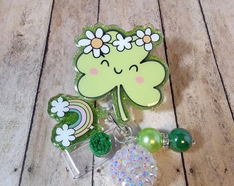 St. Pattys day floral badge reel, medical badge reel, nurse badge reel, cute badge reel, retractable badge reel, flower clover, rainbow