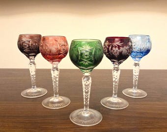 Nachmann Traube Colored Cordial Wine Glasses 4 5/8" Cut to Clear Crystal
