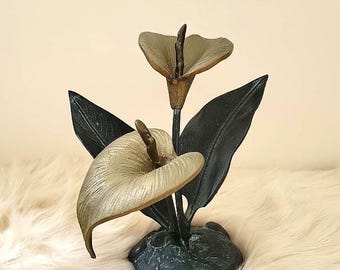 Vintage Brass Copper Cala Lily Sculpture 1980s  Floral Solid Brass