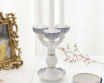 ロモノーソフ製磁器コバルトネット三灯燭台