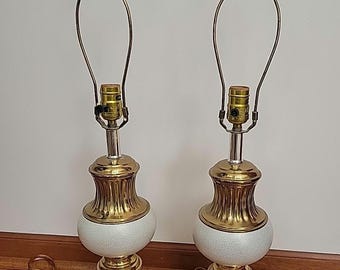 Vintage Alsy Table Lamp Pair Mid Century Brass Ceramic Neoclassical Style Beige.