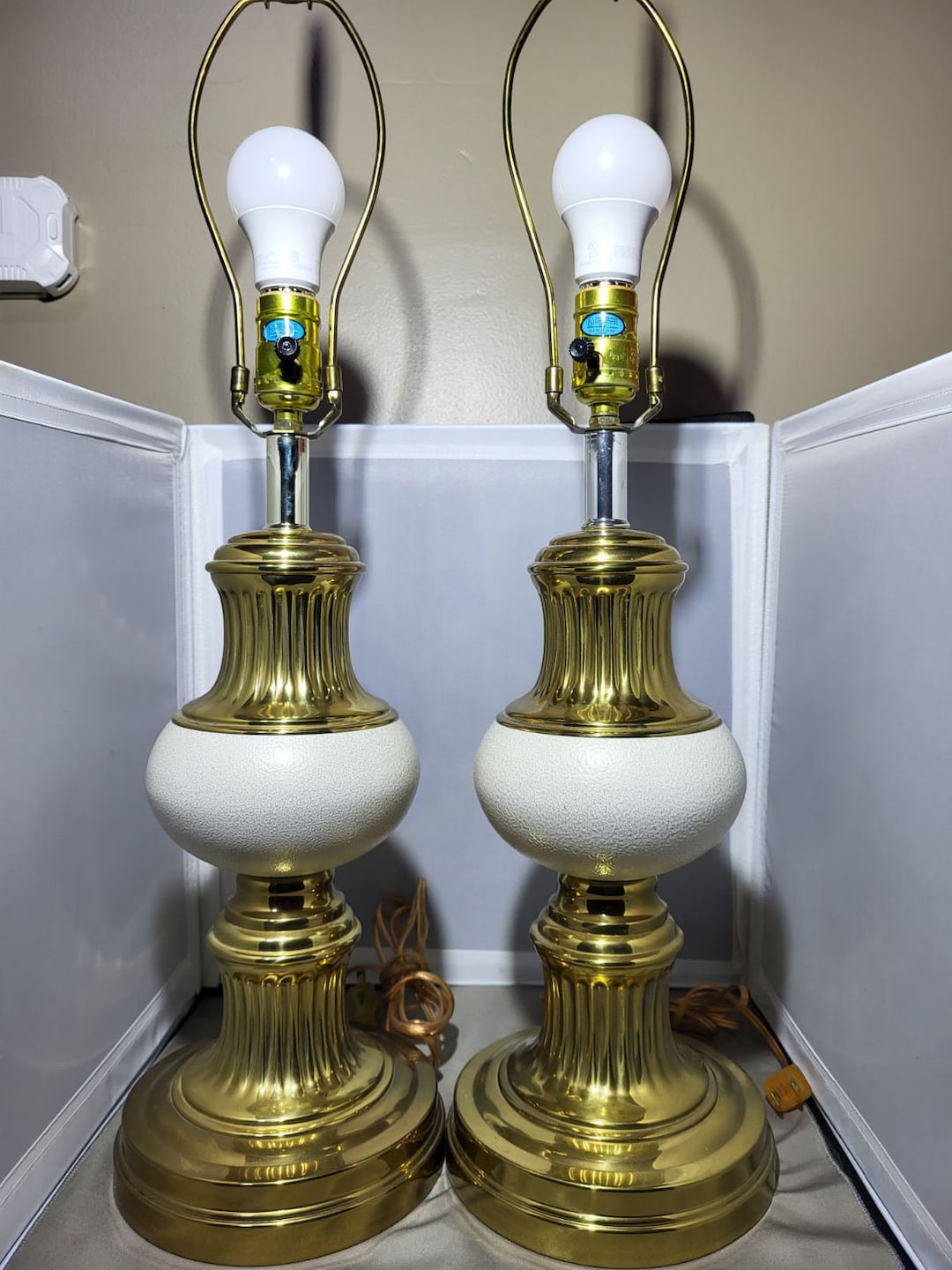 Vintage Alsy Table Lamp Pair Mid Century Brass Ceramic Neoclassical