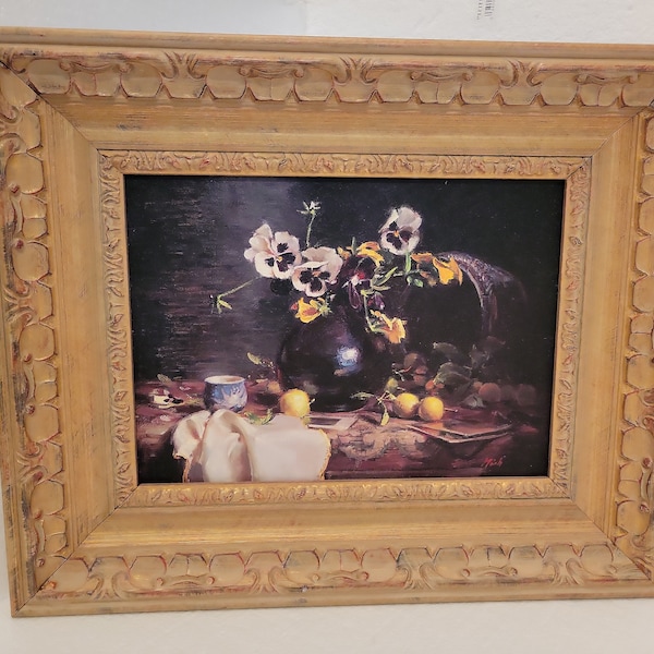 Vintage Shadow Catchers Framed  Print Wall Art Pansy flowers in vase #5676