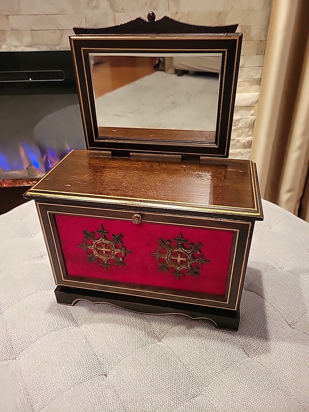 Vintage Japanese Musical Jewelry Box With Carved Wooden Emblems and