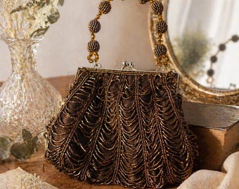 Vintage Bronze Beaded Fringe Evening Bag Art Deco Kiss Lock Clutch