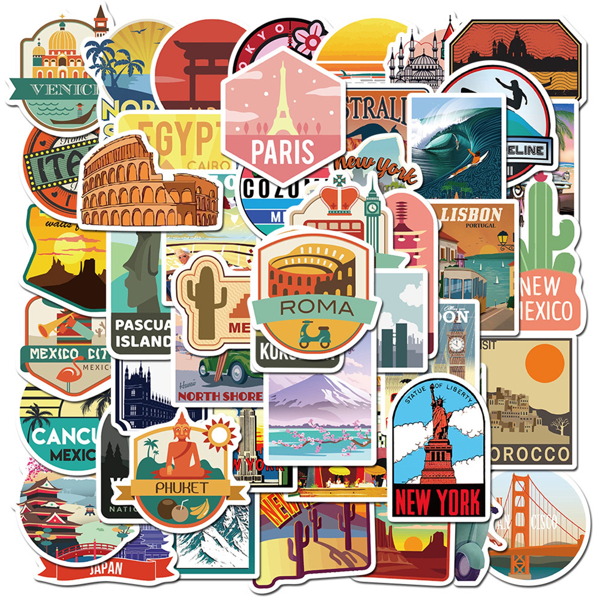 50 Pcs city Travel Sticker Pack Waterproof Etsy
