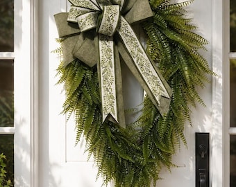 26" Teardrop Fern Wreath with Designer Bow | Everyday Greenery Door Decor